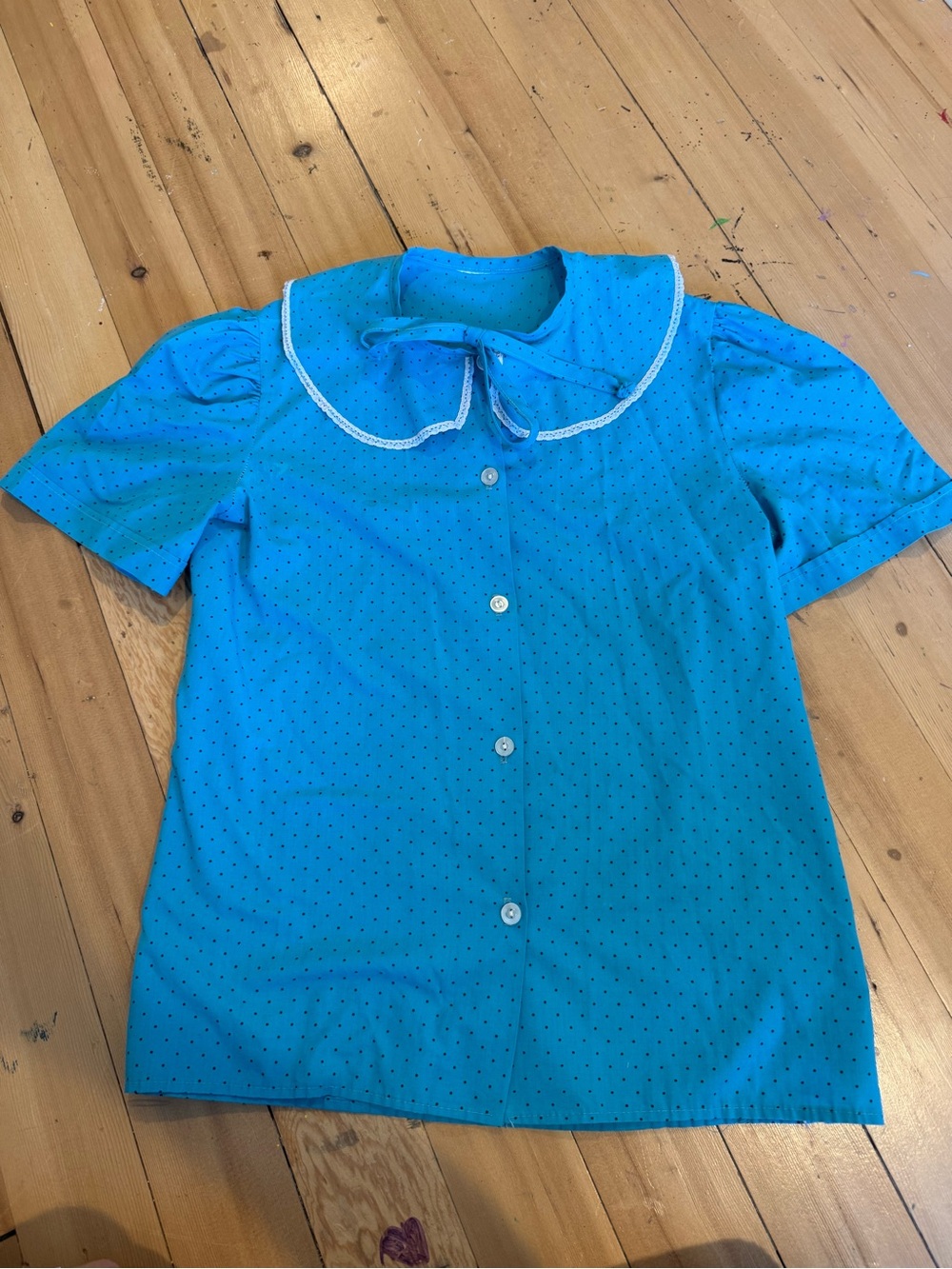 Girls' Turquoise Dot Button-Up Top with Peter Pan Collar